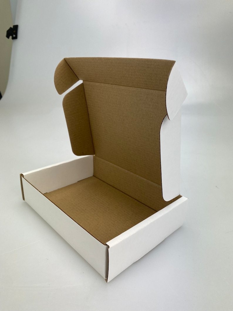 May include: A white cardboard box with a brown interior. The box is open and the lid is folded back.