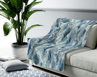 Ocean Waves Velveteen Blanket | Coastal Velveteen Plush Blanket, Beachy Vibes Throw Cuddle Blanket, Gift for Friend, Family