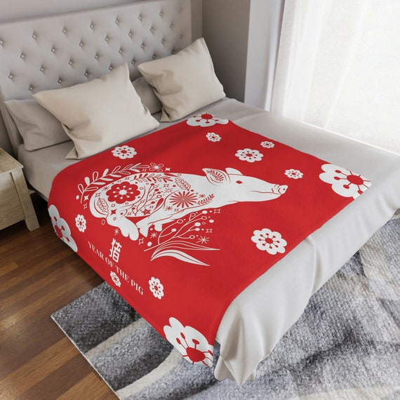 Pig Minky Blanket Year of the Pig Red White Throw Blanket