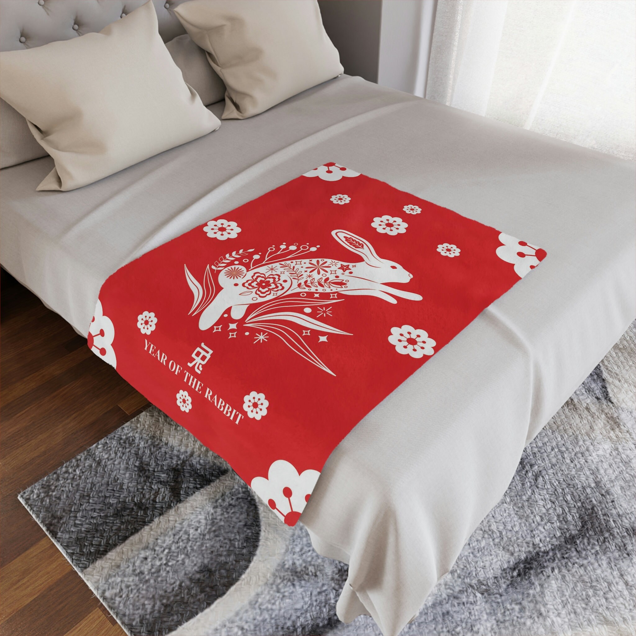 Rabbit Minky Blanket Year of the Rabbit 2023 Red White Throw Blanket