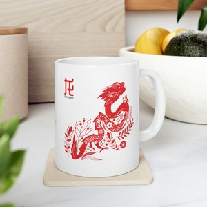 Dragon Mug | Year of the Dragon 2024 White and Red Ceramic Mug, Chinese Lunar New Year of the Dragon, Cute Fun Gift for Friend, for Family