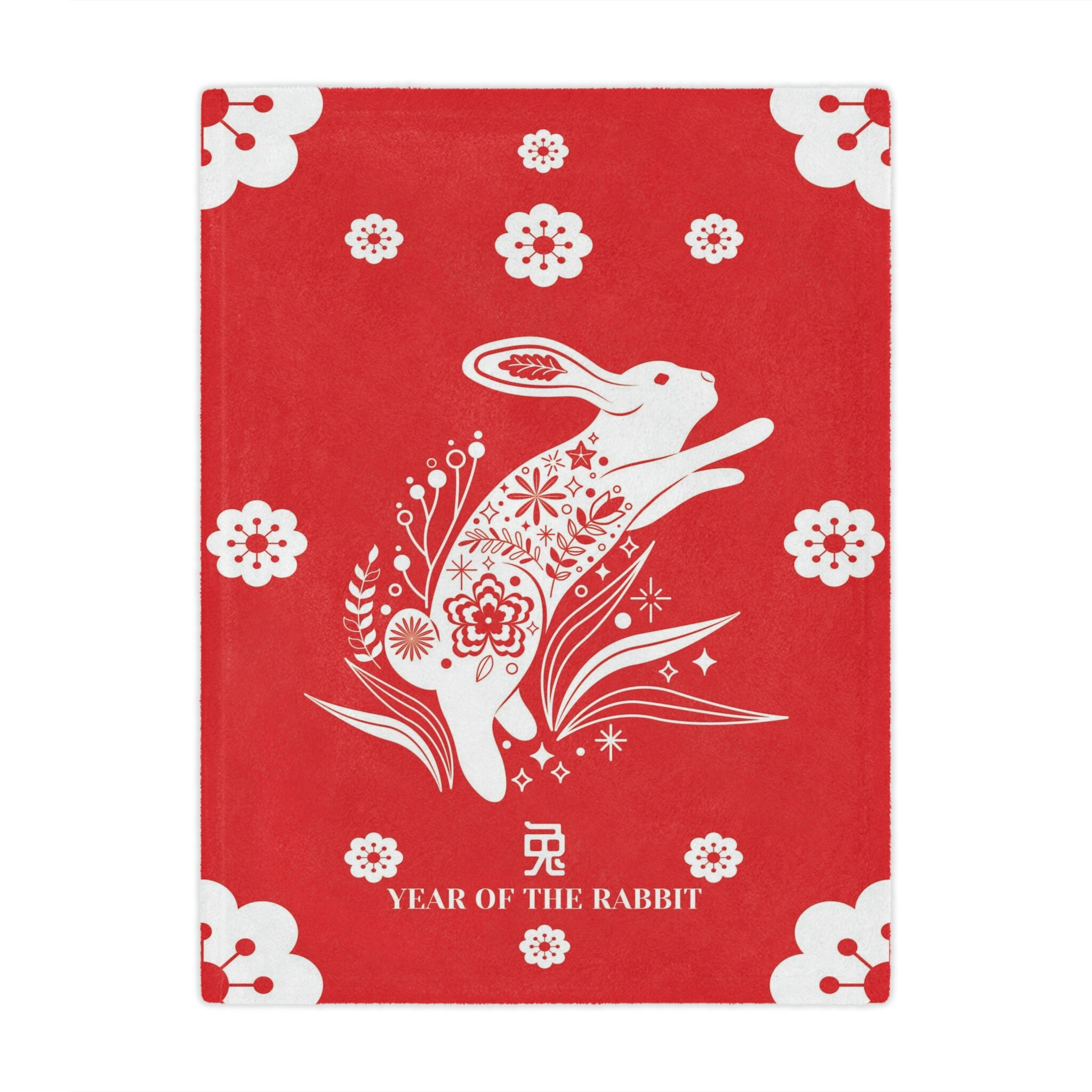 Rabbit Minky Blanket Year of the Rabbit 2023 Red White Throw Blanket