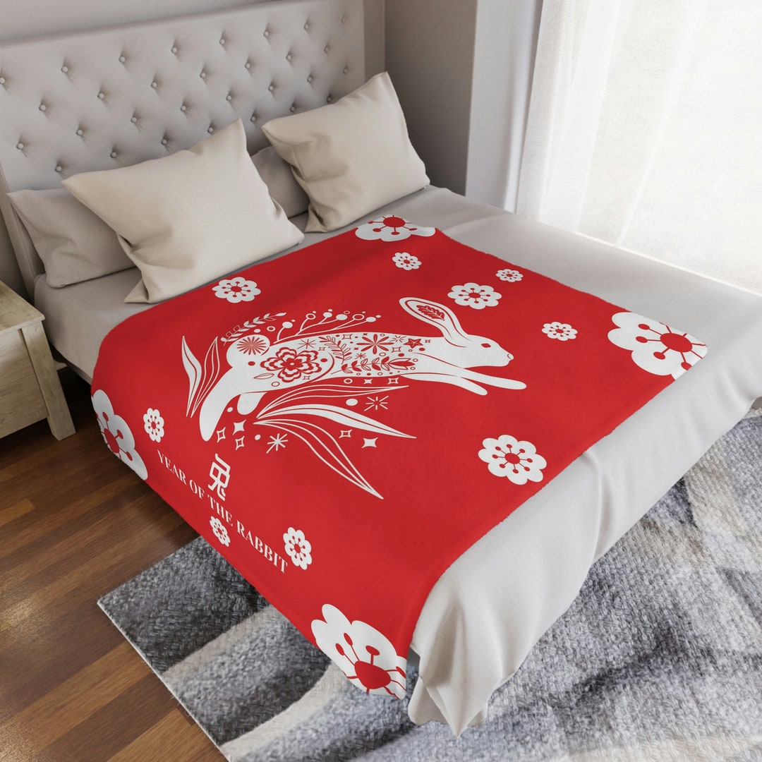 Rabbit Minky Blanket Year of the Rabbit 2023 Red White Throw Blanket
