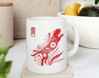 Tiger Mug | Year of the Tiger White and Red Ceramic Mug, Chinese Lunar New Year of the Tiger Mug, Cute Gift for Friend, for Family, for Self