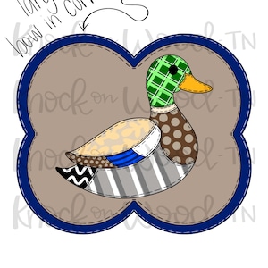 May include: A colorful duck design with a green plaid head, brown polka dot body, and striped wings. The duck is set against a brown background with a blue border. Text in the image reads "knock on wood TN".