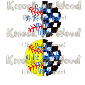 May include: Two round, colorful, vinyl stickers with a black and white checkered pattern on one half and a baseball design on the other half. The text on the stickers reads "Probably at the ball field or the track".