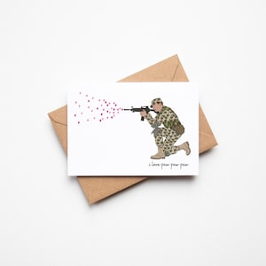 Tarjeta de felicitación "Te amo, Pew Pew Pew" Tarjeta de feliz día de San Valentín "Te amo", corazón militar, camuflaje, diferentes tonos de piel, masculino y femenino