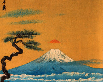 Digitales Ukiyo-e Gemälde eines Bonsai vor Fuji bei Sonnenaufgang