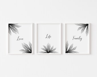 Set of 3 Family Photo Inspirational Words Black and White Floral Gallery Prints Portrait Art