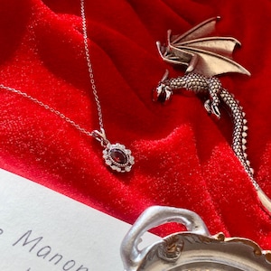 May include: A silver necklace with a dark red oval pendant surrounded by small white stones. A silver dragon brooch and a decorative silver tray are also on a red velvet surface. The text "Manon. Live." is visible.