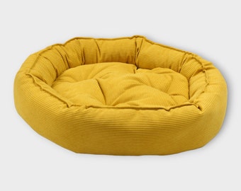 Cama redonda para perros amarilla hecha de suave tela de pana | cómoda cama para perros | cama cómoda | cama para perros | cama de perro