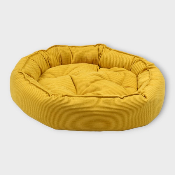 Lit rond pour chien jaune en tissu velours côtelé doux | lit pour chien confortable | lit confortable | lit pour chien | Lit pour chien