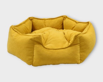 Lit pour chien, jaune, en velours côtelé doux en forme d'hexagone | oreiller moelleux | lit pour chien confortable | Lit pour chien