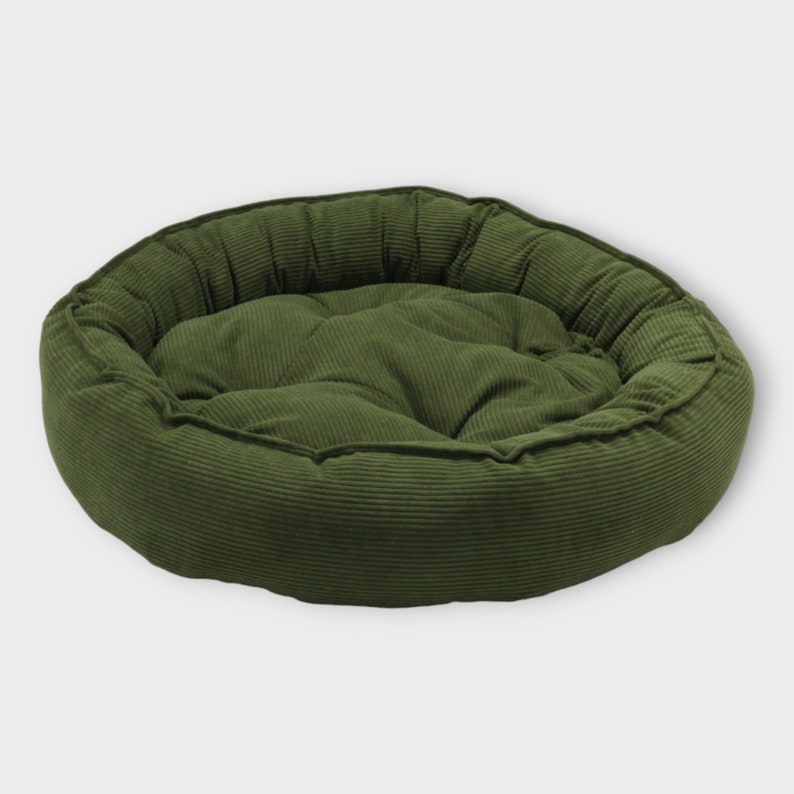 Okrągłe zielone legowisko dla psa z miękkiej tkaniny sztruks wygodne legowisko dla psa komfortowe posłanie leżanka dla psa psie łóżko zdjęcie 2