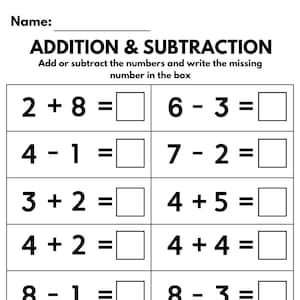 May include: A black and white worksheet for addition and subtraction practice. The worksheet includes math problems with blank spaces for answers. The title "ADDITION & SUBTRACTION" is at the top.