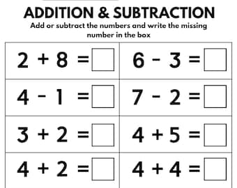 10 Printable Addition & Subtraction Worksheets, Single-Digit Math Practice for Kids,  Fill in the Blank Worksheets