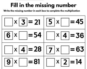 10 Printable Multiplication & Division Worksheets - Fill in the Missing Number, Math Drills