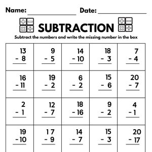10 Printable Subtraction Fill in the Blanks Worksheets (Numbers 1-20) for Kindergarten-1st Grade-2nd Grade Math. Subtraction Worksheets