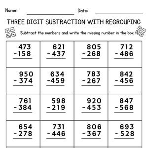 Könnte beinhalten: Ein Arbeitsblatt zum Üben der dreistelligen Subtraktion mit Umgruppierung. Das weiße Papier hat ein Raster von Subtraktionsaufgaben mit Platz zum Schreiben der Antworten. Der Titel lautet "THREE DIGIT SUBTRACTION WITH REGROUPING".