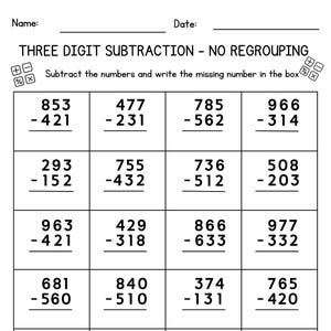Könnte beinhalten: Ein weißes Arbeitsblatt mit der Überschrift "DREISTELLIGE SUBTRAKTION - OHNE GRUPPIERUNG". Das Arbeitsblatt enthält Subtraktionsaufgaben mit dreistelligen Zahlen, die zum Üben von mathematischen Fähigkeiten dienen. Die Aufgaben sind in einem Raster angeordnet.