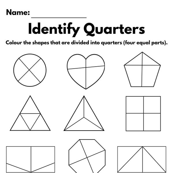 10 Printable Fraction Worksheets, Shapes, for Kindergarten-1st Grade-2nd Grade Math. Fraction Pie Worksheets - Halves, Thirds, Quarters
