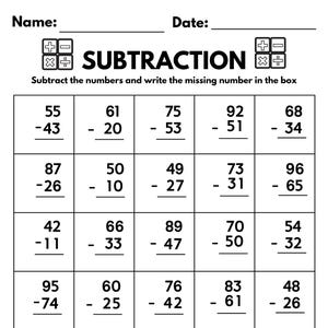 May include: Black and white subtraction worksheet with math problems. The title "SUBTRACTION" is at the top. The worksheet has rows of subtraction problems with space to write the answers. The top has spaces for "Name:" and "Date:"