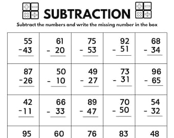 10 hojas de ejercicios imprimibles de resta de dos dígitos (con y sin reagrupación) – Práctica de matemáticas de 2.º grado