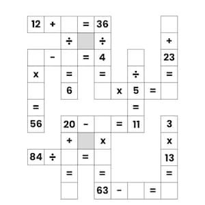 May include: A white math crossword puzzle with the title "Math Crossword Puzzle" in purple. The puzzle includes addition, subtraction, multiplication, and division problems to solve. The instructions "Fill in the blanks on the crossword puzzle to find the answer" are also included.