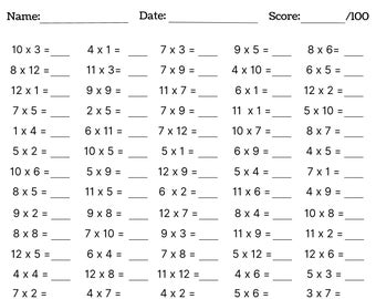 10 fiches d'exercices imprimables pour les multiplications, à compléter : multiplication à un chiffre (numéros 1-12), exercices mathématiques, réponses incluses