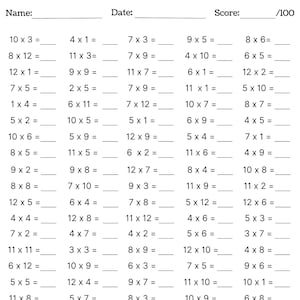 10 hojas de multiplicación imprimibles, rellena los espacios en blanco: multiplicación de un dígito (números del 1 al 12), ejercicios de matemáticas, respuestas incluidas