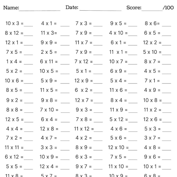 10 hojas de trabajo de multiplicación imprimibles, complete los espacios en blanco: multiplicación de un solo dígito (números del 1 al 12), ejercicios de matemáticas, respuestas incluidas