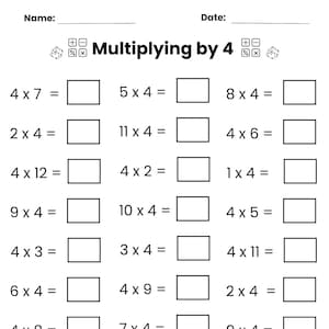 Puede incluir: Una hoja de trabajo en blanco y negro con problemas de multiplicación. El título es "Multiplying by 4". Hay problemas matemáticos con espacios en blanco para las respuestas. La hoja de trabajo incluye espacios para el nombre y la fecha.