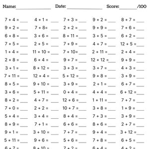 10 Printable Addition Worksheets, Fill in the Blanks - Single and Double Digit Addition, Maths Drills, Maths Practice