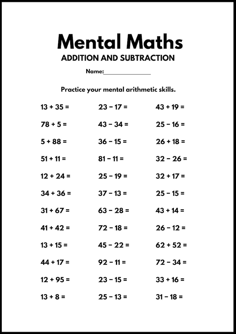 Addition Math Series 7 Printable Additition and Subtraction Worksheets, Mental Maths ...