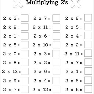 May include: A black and white worksheet with the title "Multiplying 2's". The worksheet has 15 multiplication problems, each with a box for the answer. The problems involve multiplying 2 by numbers from 0 to 12.