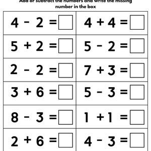 May include: Black and white worksheet with addition and subtraction problems. The title reads "ADDITION & SUBTRACTION". The worksheet includes math problems such as 4 - 2 = ?, 4 + 4 = ?, and 5 + 2 = ?.