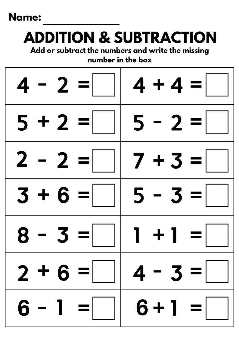 May include: Black and white worksheet with addition and subtraction problems. The title reads "ADDITION & SUBTRACTION". The worksheet includes math problems such as 4 - 2 = ?, 4 + 4 = ?, and 5 + 2 = ?.