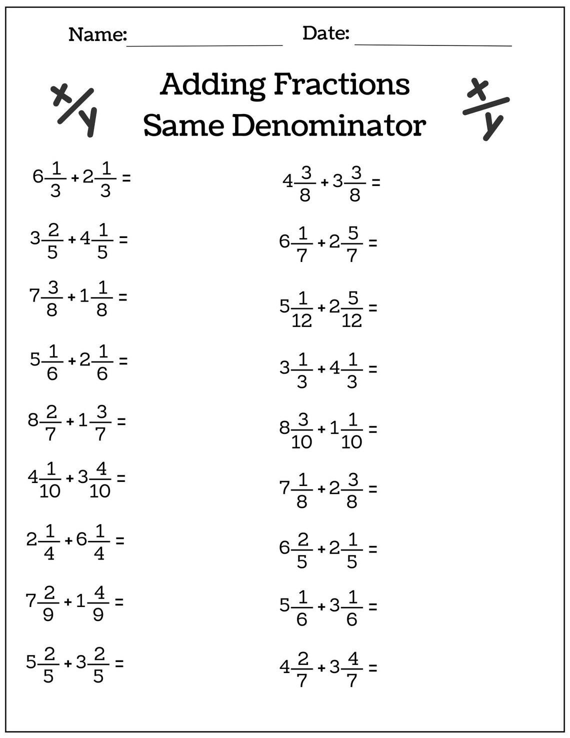 10 Printable Adding Mixed Numbers Fractions Worksheets (same ...