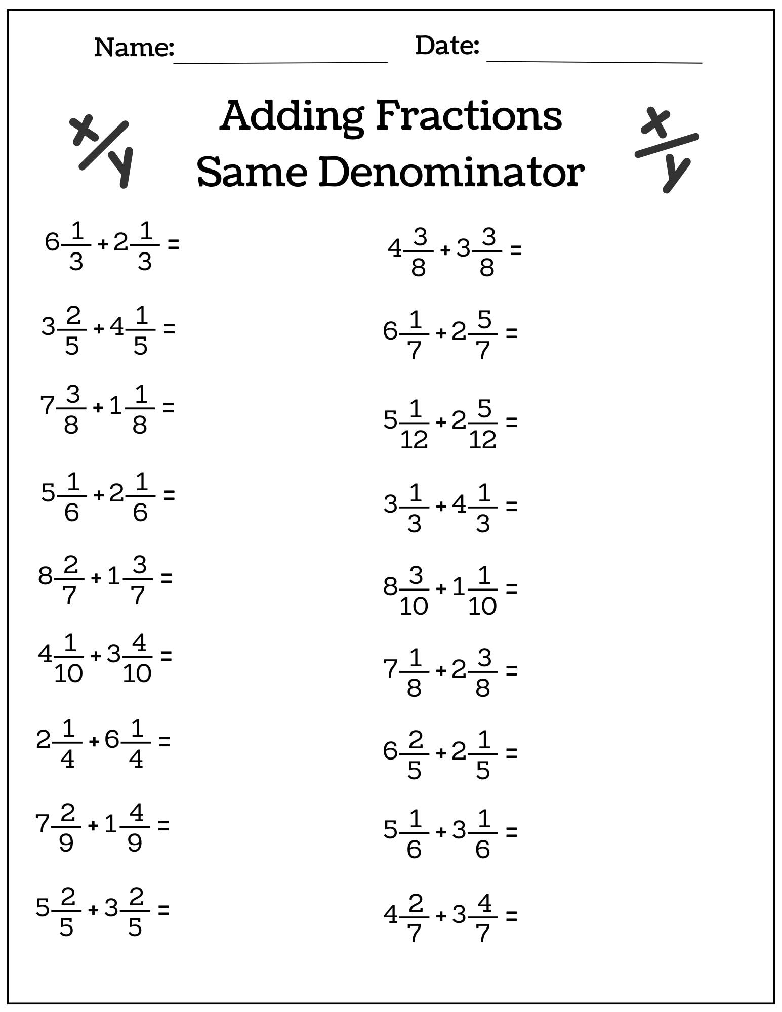 10 Printable Adding Mixed Numbers Fractions Worksheets (same ...