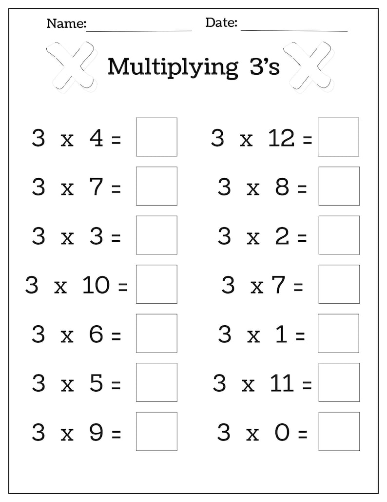May include: A black and white worksheet with the title "Multiplying 3's". The worksheet has 10 multiplication problems with the number 3 as the first factor. The problems are: 3 x 4, 3 x 7, 3 x 3, 3 x 10, 3 x 6, 3 x 5, 3 x 9, 3 x 12, 3 x 8, 3 x 2, 3 x 7, 3 x 1, 3 x 11, and 3 x 0.