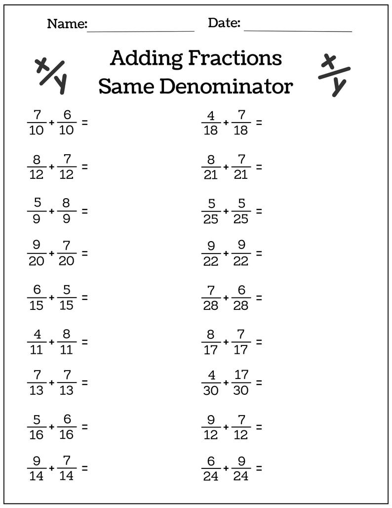 10 Printable Adding Fractions Worksheets With Same Denominators ...