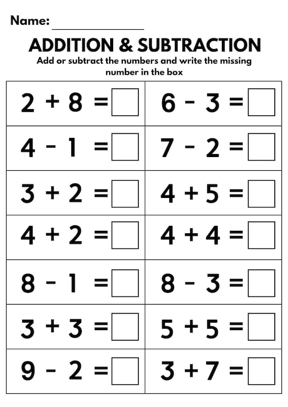 10 Printable Addition & Subtraction Worksheets, Single-Digit Math Practice for Kids,  Fill in the Blank Worksheets