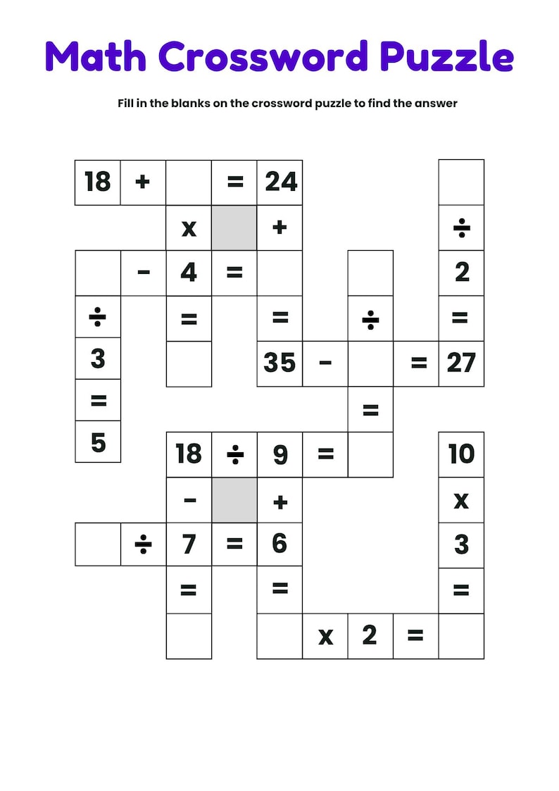 8 Printable Math Crossword Puzzle Worksheets, Addition, Subtraction ...
