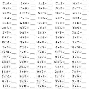 May include: A black and white worksheet with multiplication problems. The worksheet has a title, "Name", "Date", and "Score". The problems are arranged in columns and rows. The problems are all single-digit multiplication problems.