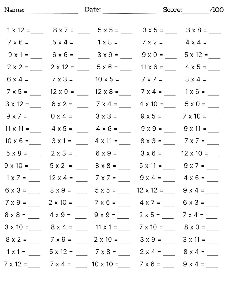 May include: A black and white worksheet with multiplication problems. The worksheet has a title, "Name", "Date", and "Score". The problems are arranged in columns and rows. The problems are all single-digit multiplication problems.