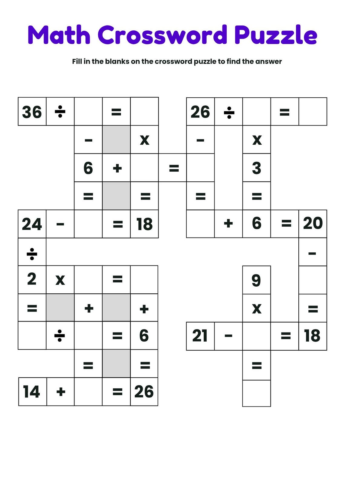 8 Printable Math Crossword Puzzle Worksheets, Addition, Subtraction ...