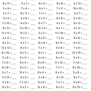 May include: A black and white worksheet with multiplication problems. The worksheet is divided into three columns, with the first column listing the multiplication problems, the second column listing the answers, and the third column listing the score. The worksheet is titled "Multiplication Practice".