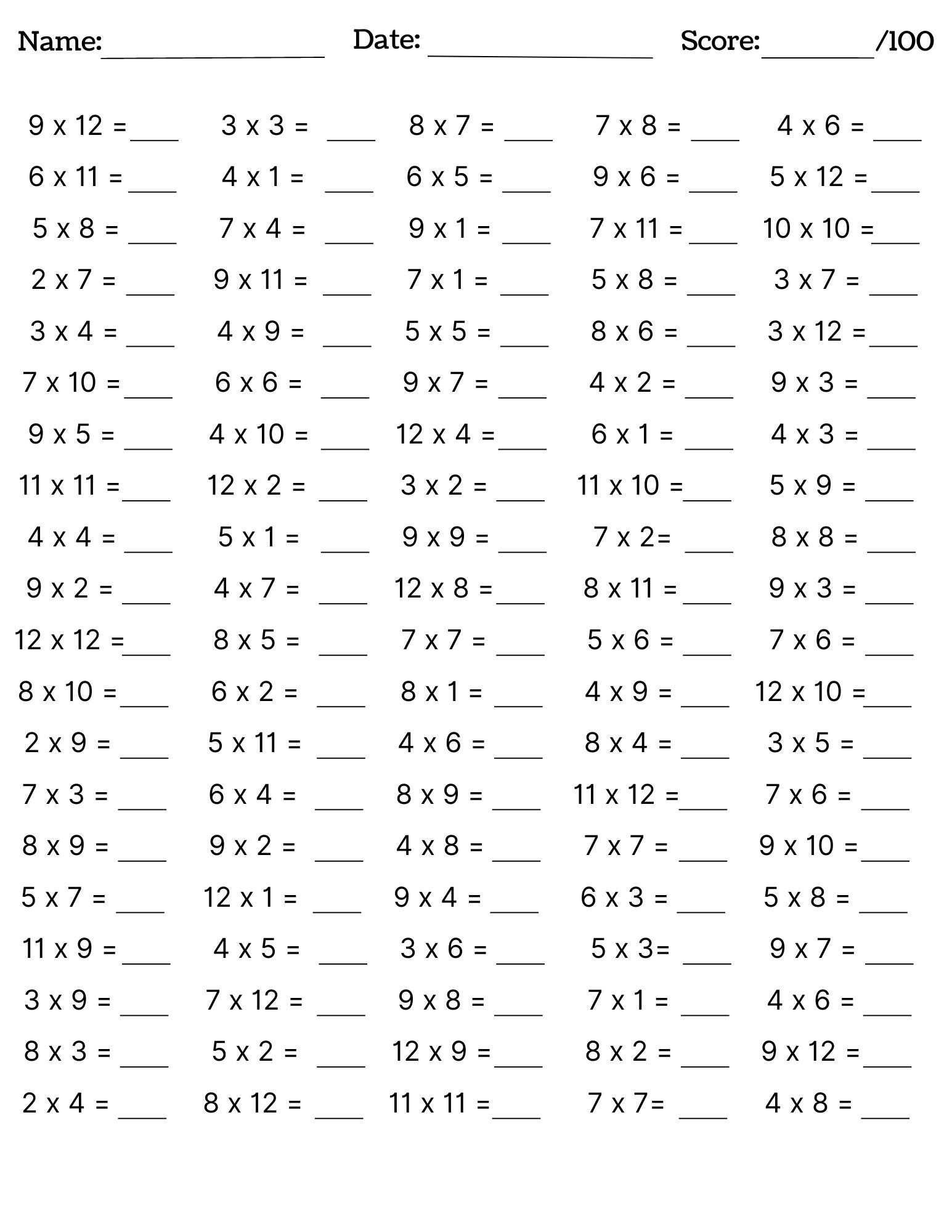 Multiplication Worksheets Up To 12