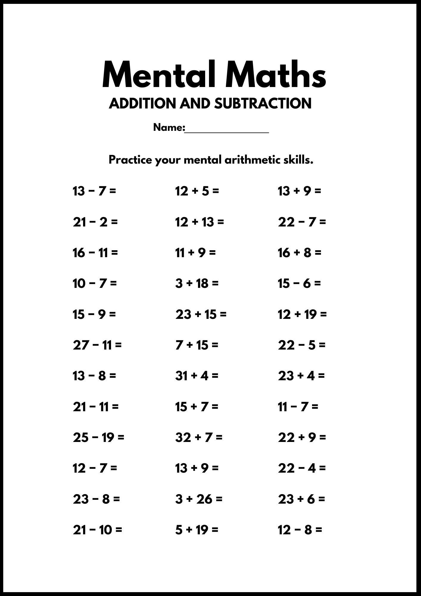 7 Arbeitsblätter zum Addieren und Subtrahieren, für Mentales Mathe, Arhythmik, 1.Klasse-2.Klasse Mathe. Zusatz / Subzug Arbeitsblätter