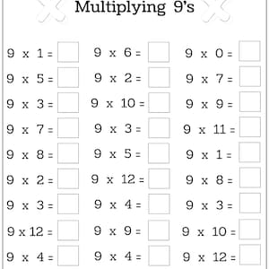 Puede incluir: Una hoja de trabajo en blanco y negro con el t&iacute;tulo "Multiplicar por 9". La hoja de trabajo tiene 18 problemas de multiplicaci&oacute;n con el n&uacute;mero 9 como primer factor. Los problemas est&aacute;n dispuestos en tres columnas.